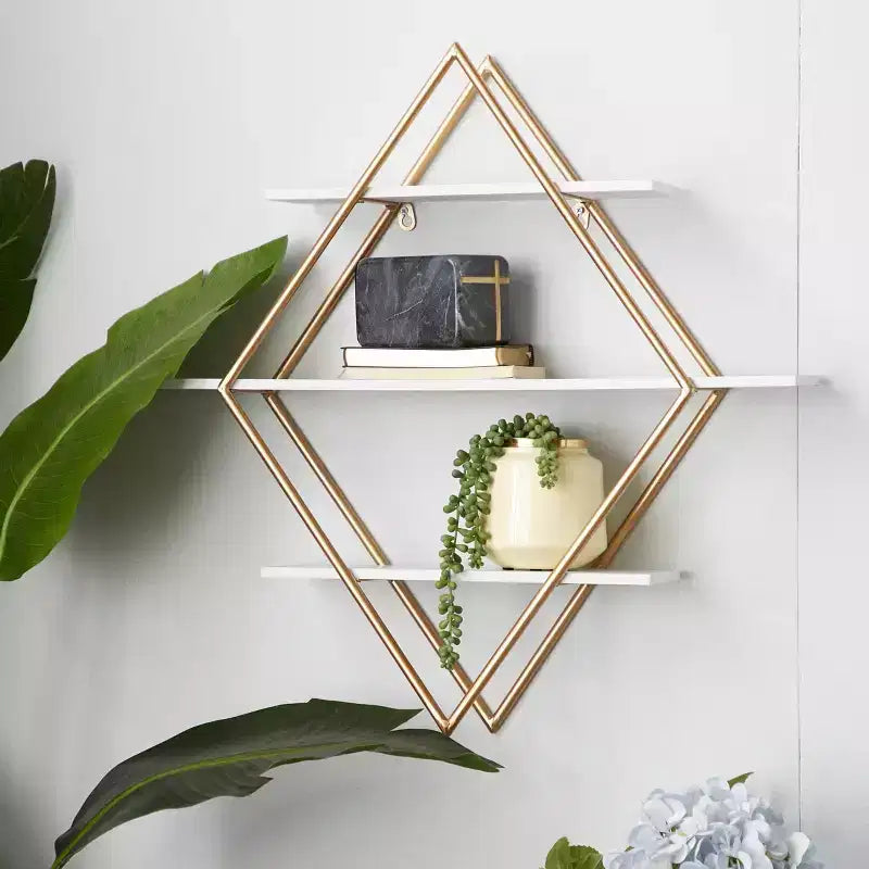 Étagère murale dorée en losange 50x50 cm avec 3 étagères, style glamour