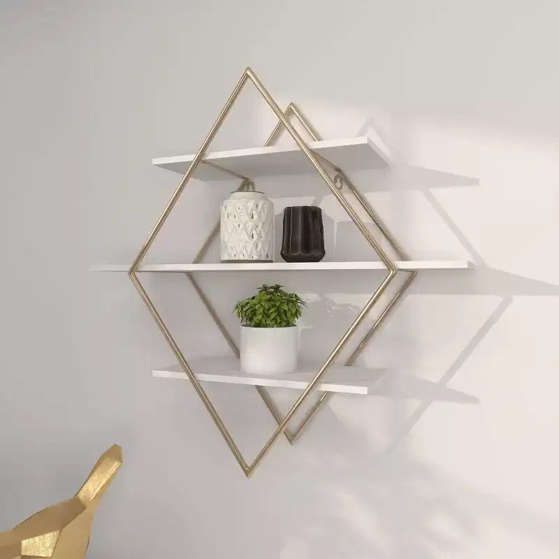Étagère murale dorée en losange 50x50 cm avec 3 étagères, style glamour