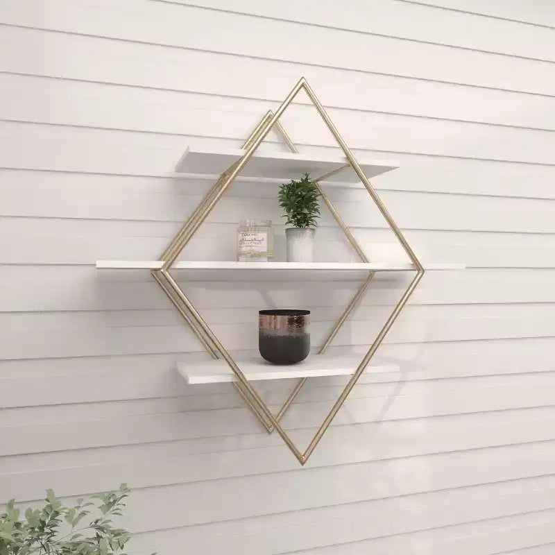 Étagère murale dorée en losange 50x50 cm avec 3 étagères, style glamour