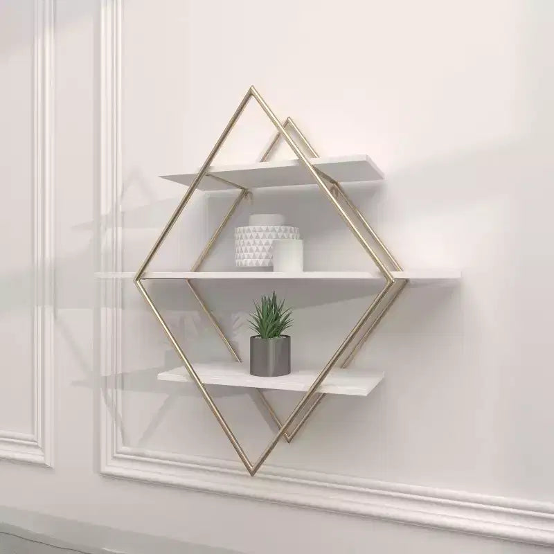 Étagère murale dorée en losange 50x50 cm avec 3 étagères, style glamour