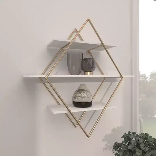 Étagère murale dorée en losange 50x50 cm avec 3 étagères, style glamour
