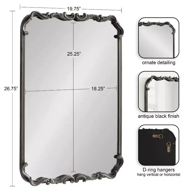 Miroir Mural Encadré Orné, 20"x27", Noir