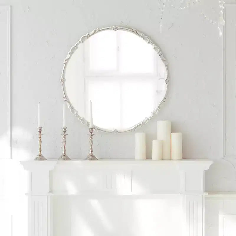 Miroir mural rond décoratif de 24 pouces de diamètre, blanc, style glamour
