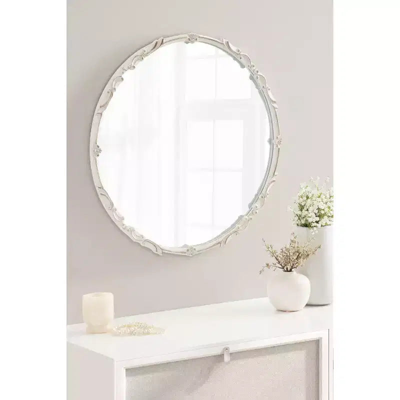 Miroir mural rond décoratif de 24 pouces de diamètre, blanc, style glamour