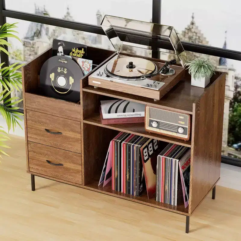 Étagère à disques de style médiéval moderne avec tiroirs, peut contenir plus de 500 albums, meuble audio en bois et métal