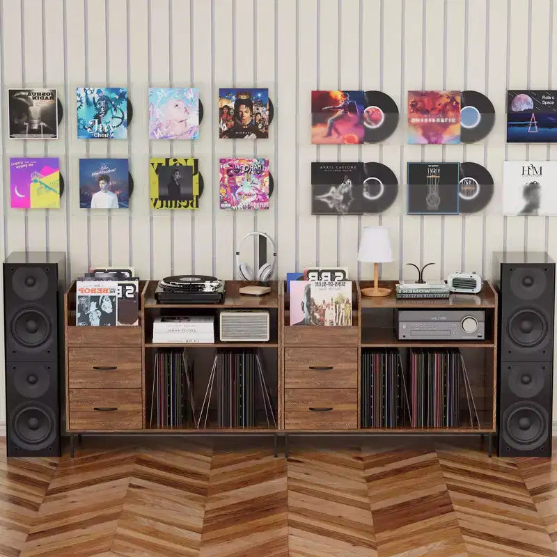 Étagère à disques de style médiéval moderne avec tiroirs, peut contenir plus de 500 albums, meuble audio en bois et métal