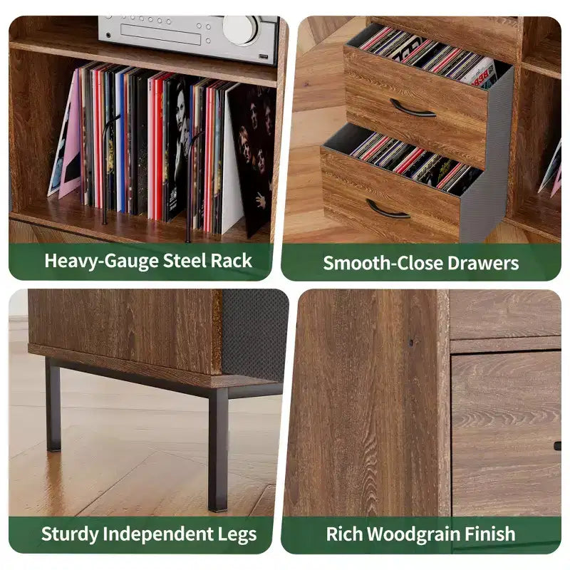 Étagère à disques de style médiéval moderne avec tiroirs, peut contenir plus de 500 albums, meuble audio en bois et métal