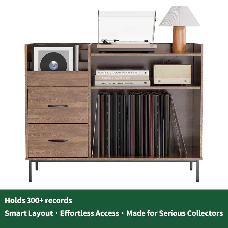Étagère à disques de style médiéval moderne avec tiroirs, peut contenir plus de 500 albums, meuble audio en bois et métal