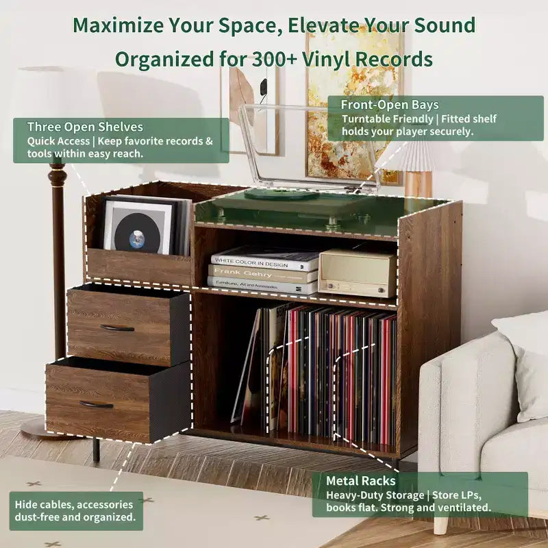 Étagère à disques de style médiéval moderne avec tiroirs, peut contenir plus de 500 albums, meuble audio en bois et métal