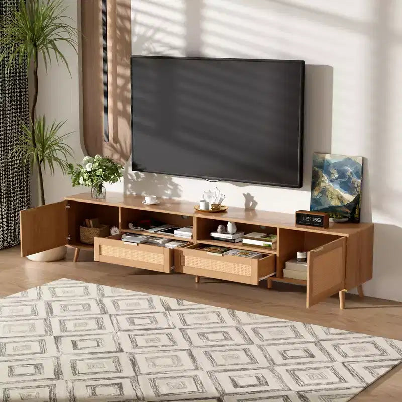 Meuble TV en rotin de 90 pouces, style ferme moderne avec pieds en bois massif, meuble TV pour salon