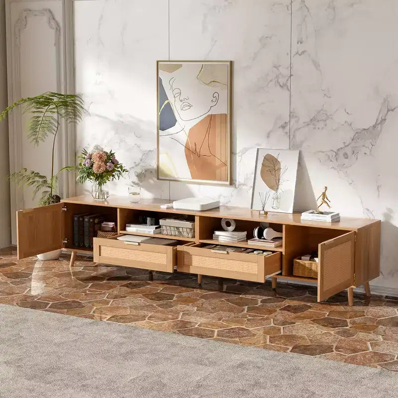 Meuble TV en rotin de 90 pouces, style ferme moderne avec pieds en bois massif, meuble TV pour salon