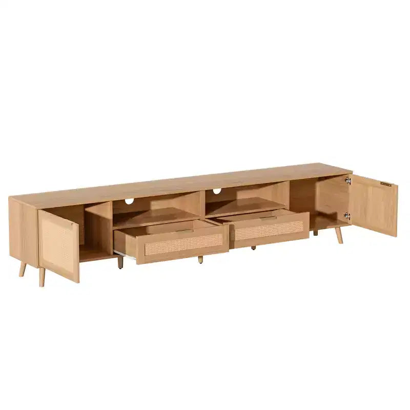 Meuble TV en rotin de 90 pouces, style ferme moderne avec pieds en bois massif, meuble TV pour salon