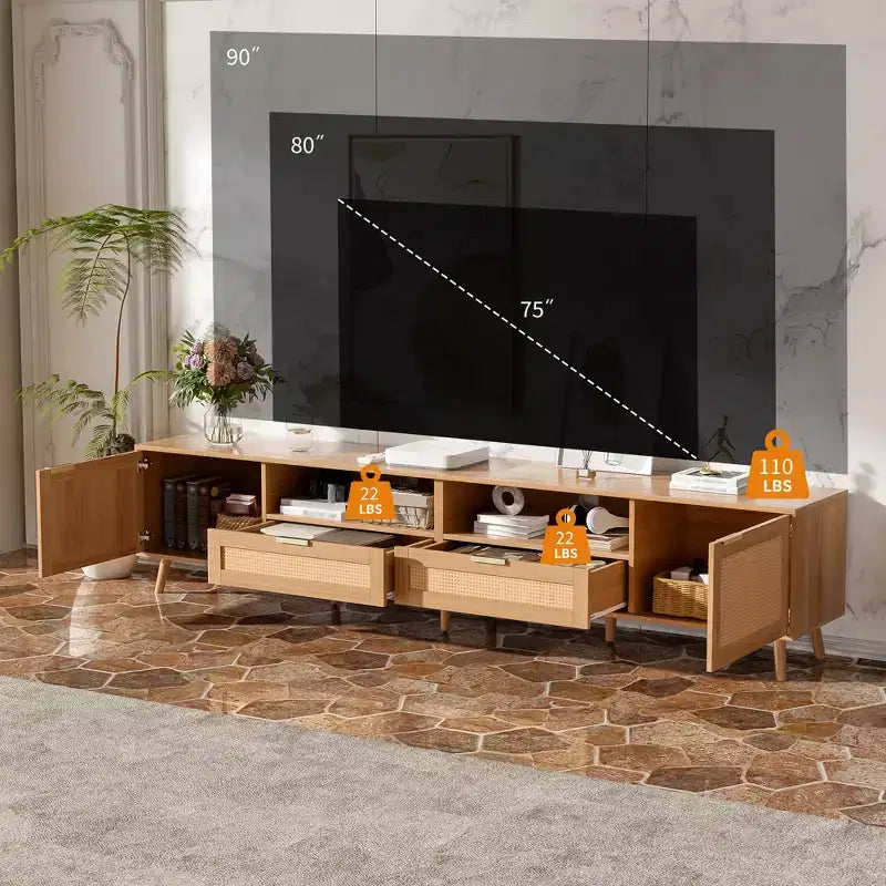 Meuble TV en rotin de 90 pouces, style ferme moderne avec pieds en bois massif, meuble TV pour salon