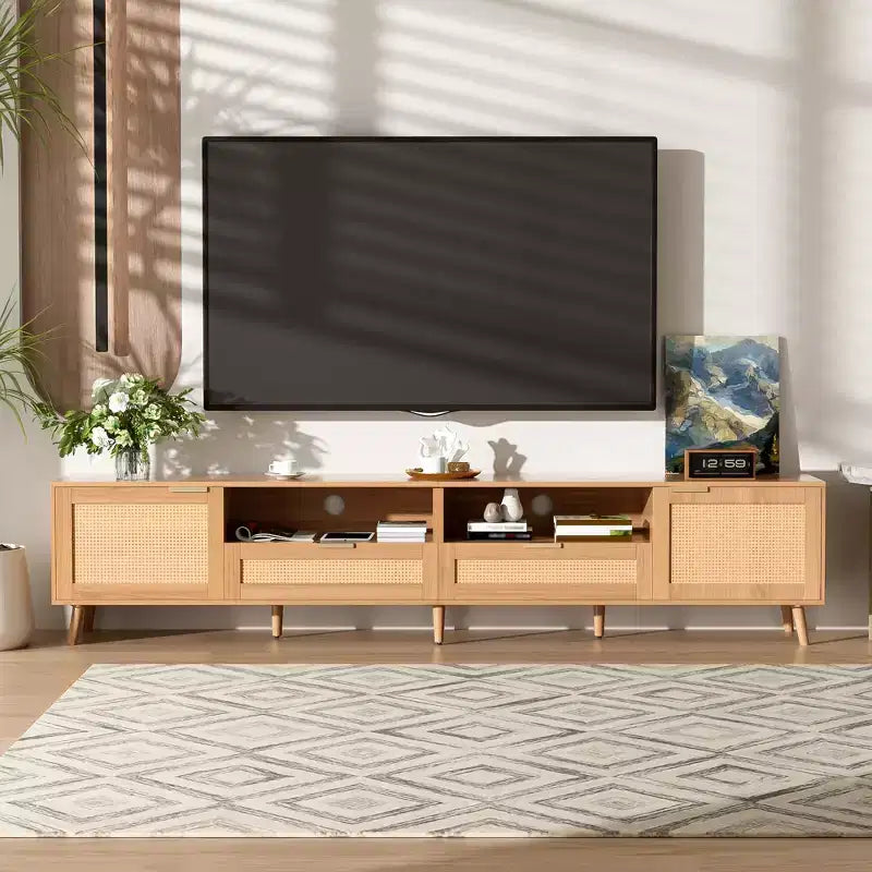 Meuble TV en rotin de 90 pouces, style ferme moderne avec pieds en bois massif, meuble TV pour salon