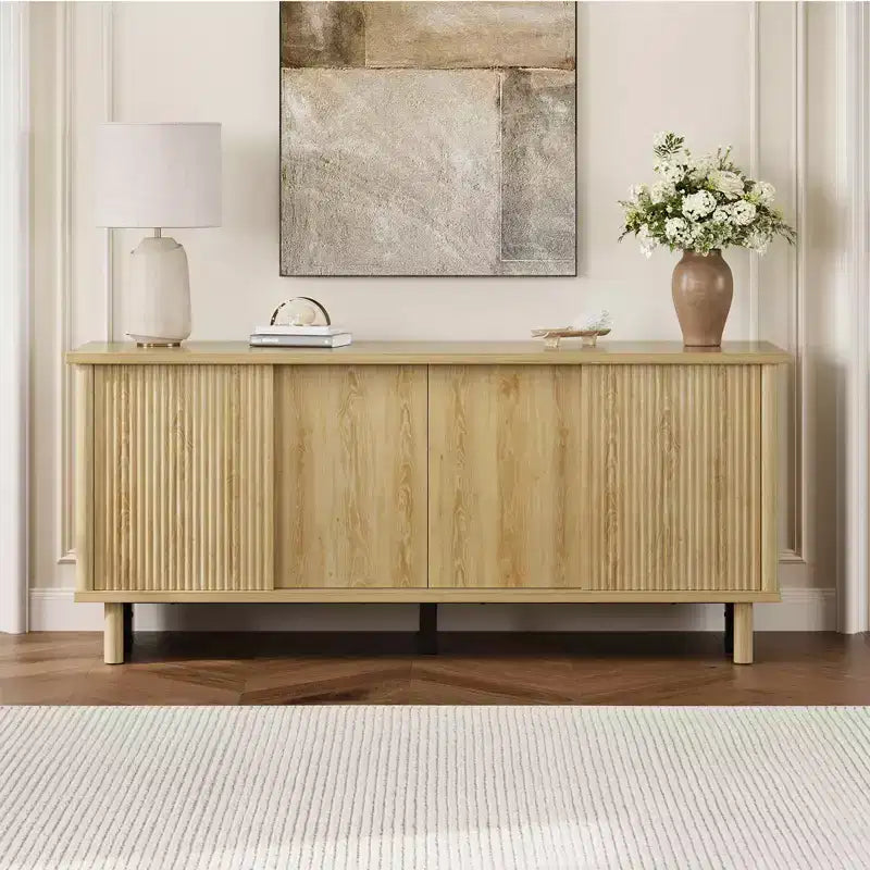 Meuble TV mi-siècle de 58 po avec portes coulissantes, console multimédia avec rangement pour salon et chambre