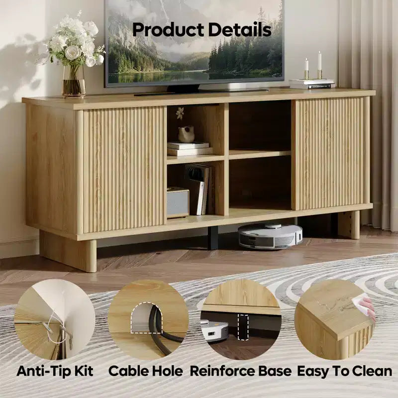 Meuble TV mi-siècle de 58 po avec portes coulissantes, console multimédia avec rangement pour salon et chambre
