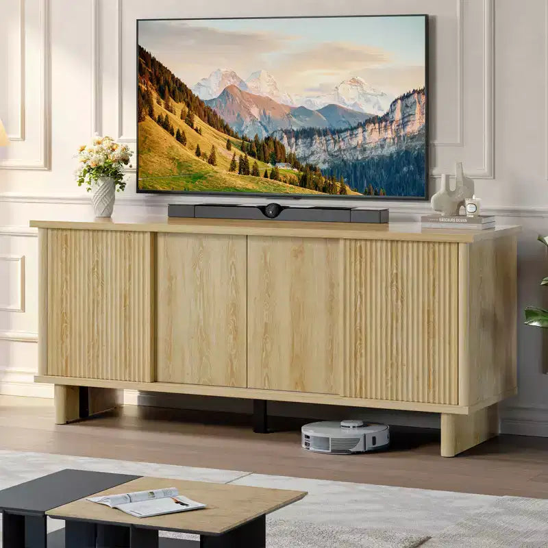 Meuble TV mi-siècle de 58 po avec portes coulissantes, console multimédia avec rangement pour salon et chambre