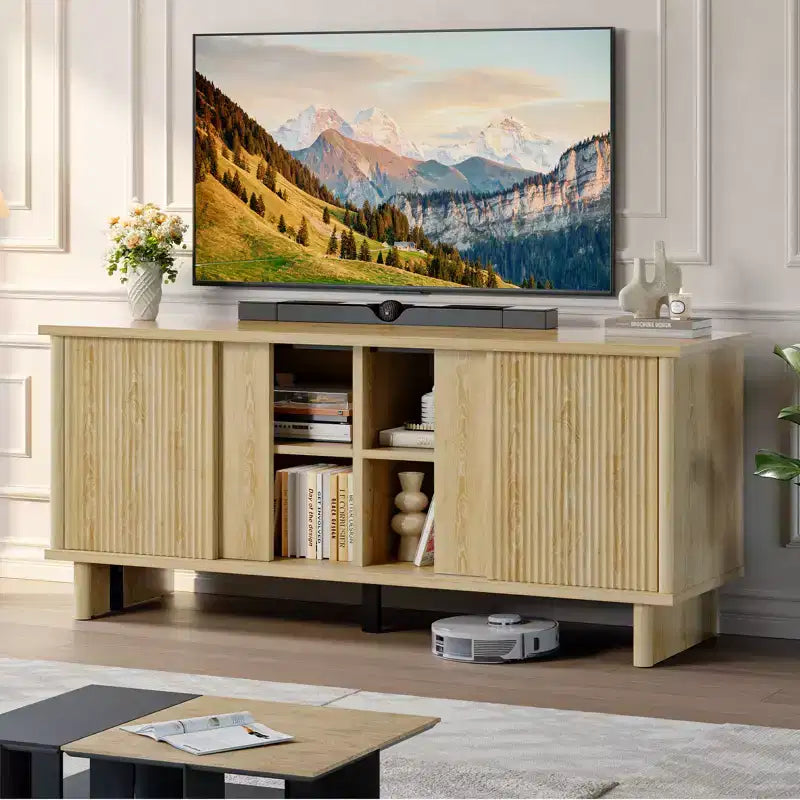 Meuble TV mi-siècle de 58 po avec portes coulissantes, console multimédia avec rangement pour salon et chambre