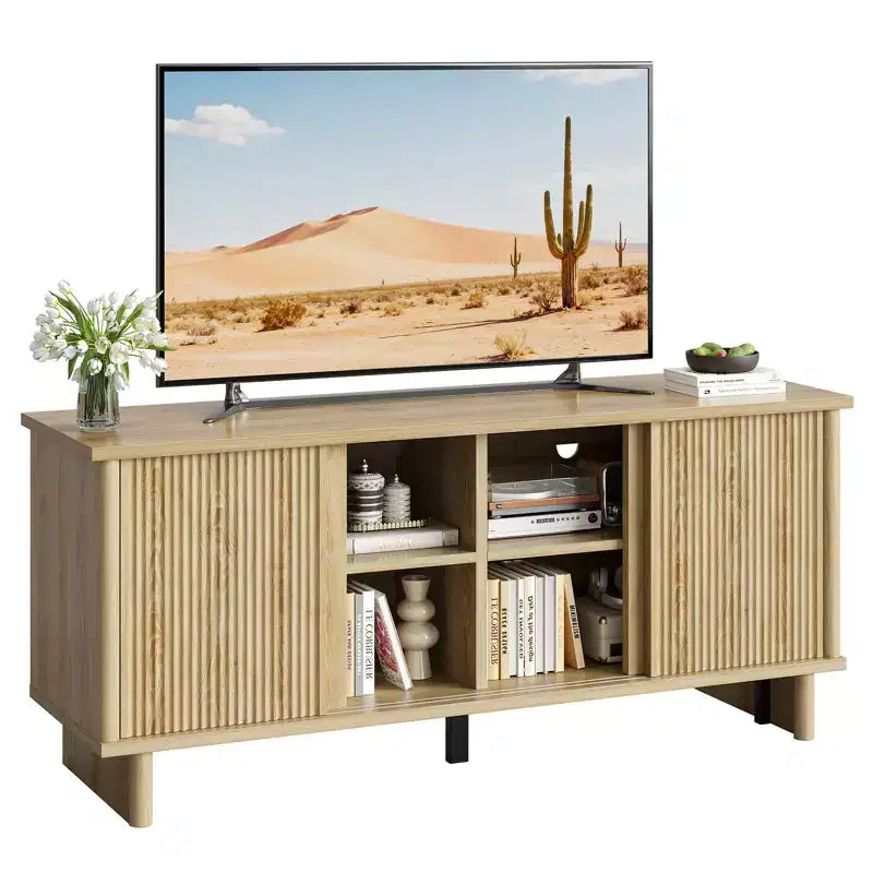 Meuble TV mi-siècle de 58 po avec portes coulissantes, console multimédia avec rangement pour salon et chambre