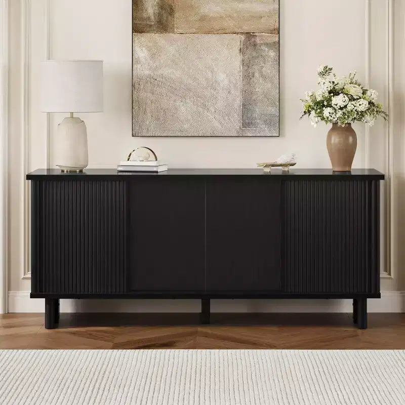 Meuble TV mi-siècle de 58 po avec portes coulissantes, console multimédia avec rangement pour salon et chambre