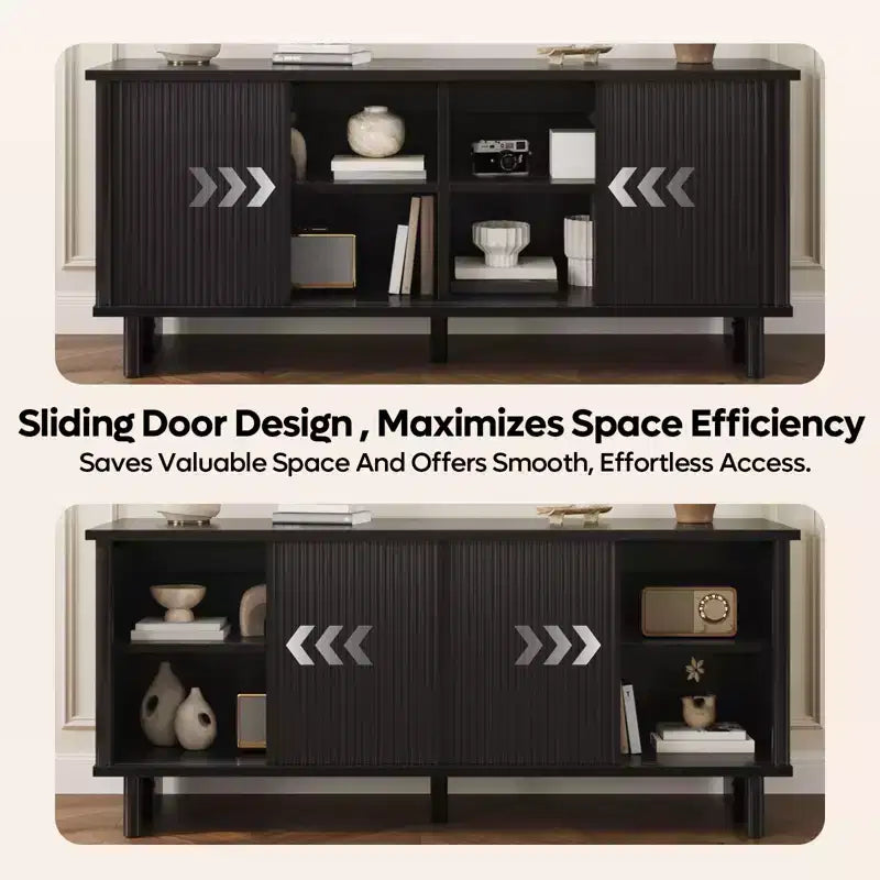 Meuble TV mi-siècle de 58 po avec portes coulissantes, console multimédia avec rangement pour salon et chambre