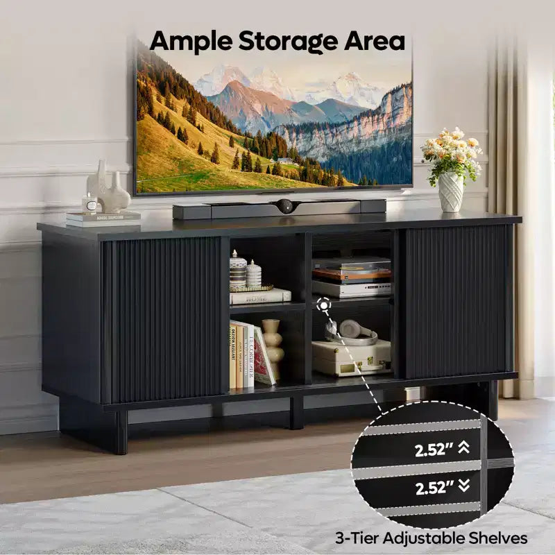 Meuble TV mi-siècle de 58 po avec portes coulissantes, console multimédia avec rangement pour salon et chambre
