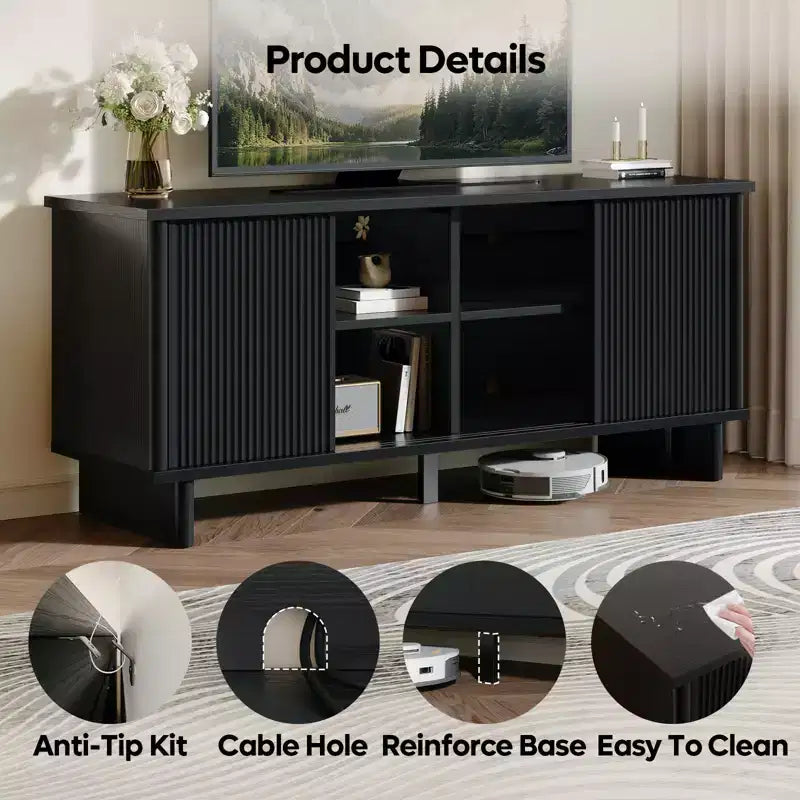 Meuble TV mi-siècle de 58 po avec portes coulissantes, console multimédia avec rangement pour salon et chambre