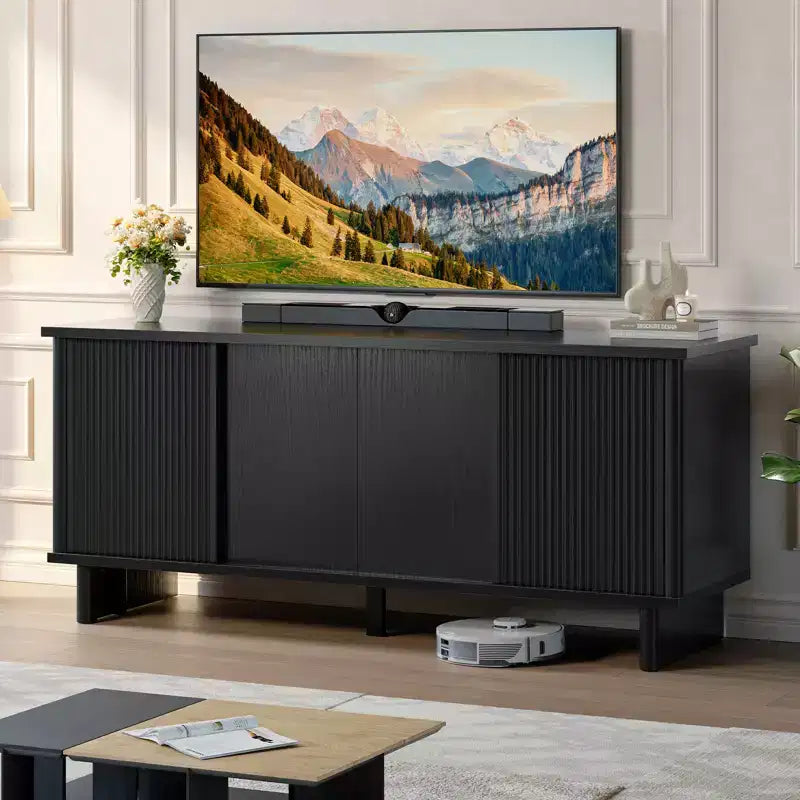 Meuble TV mi-siècle de 58 po avec portes coulissantes, console multimédia avec rangement pour salon et chambre