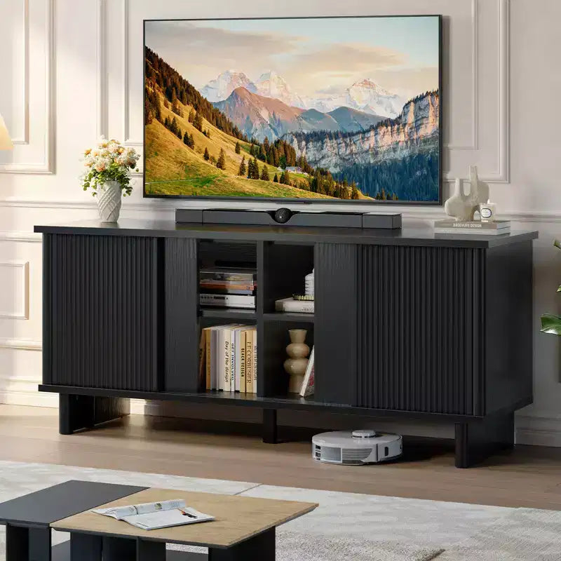 Meuble TV mi-siècle de 58 po avec portes coulissantes, console multimédia avec rangement pour salon et chambre