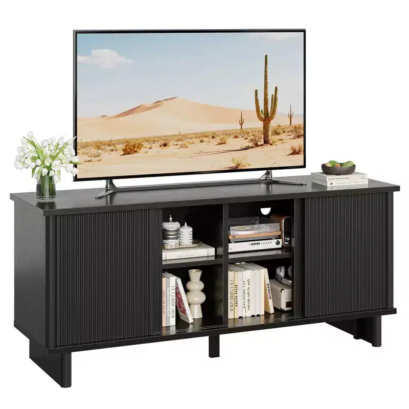 Meuble TV mi-siècle de 58 po avec portes coulissantes, console multimédia avec rangement pour salon et chambre