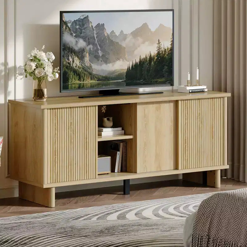 Meuble TV mi-siècle de 58 po avec portes coulissantes, console multimédia avec rangement pour salon et chambre