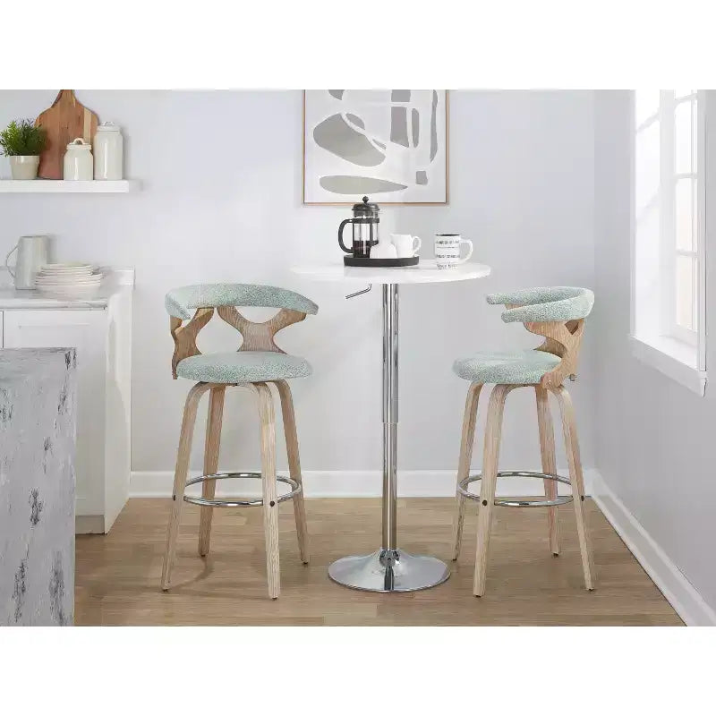 Lot de 2 tabourets de bar rembourrés pivotants à hauteur fixe, blanc cérusé/vert écume de mer