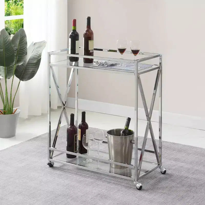 Desserte de bar en verre chromé à étagère, style contemporain, à roulettes