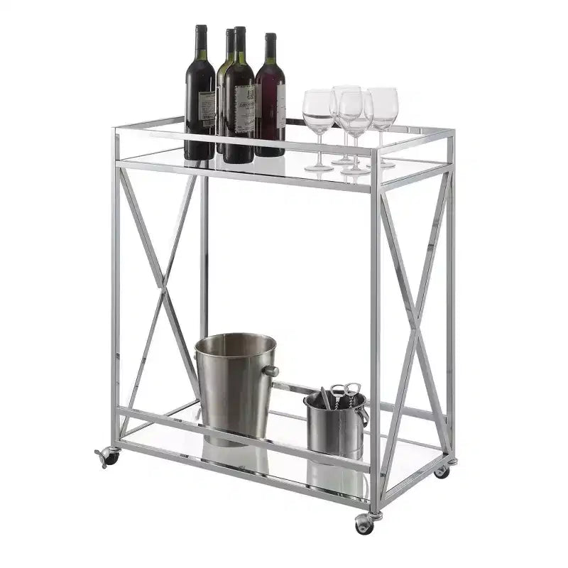 Desserte de bar en verre chromé à étagère, style contemporain, à roulettes