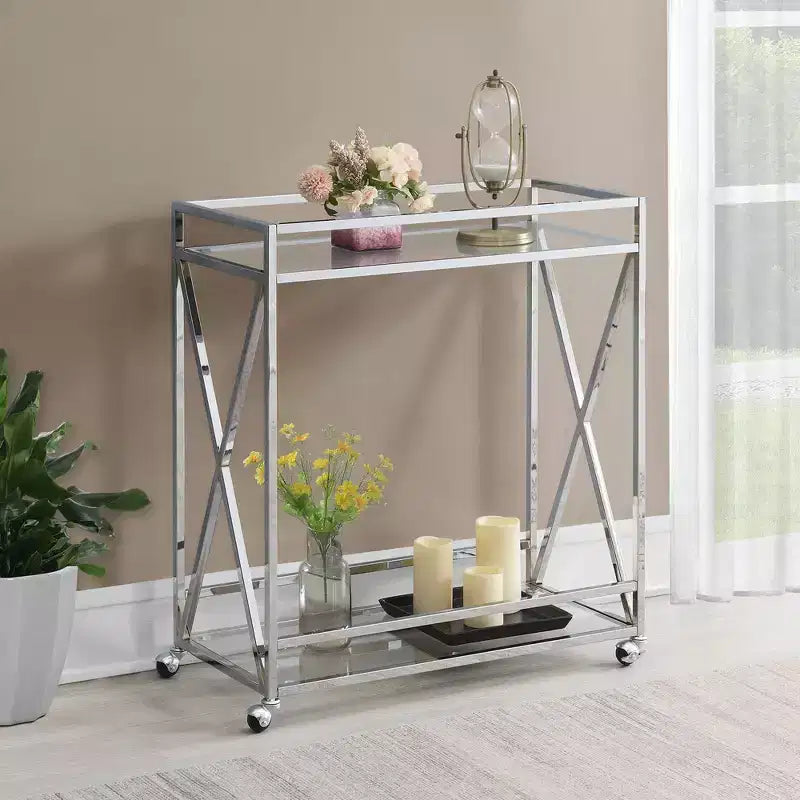 Desserte de bar en verre chromé à étagère, style contemporain, à roulettes