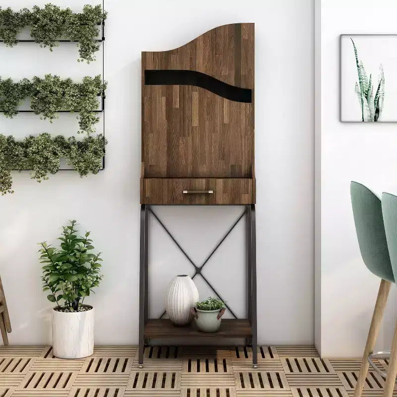 Mini-bar industriel à 1 tiroir avec étagères, en hickory clair, rangement pour 20 bouteilles de vin