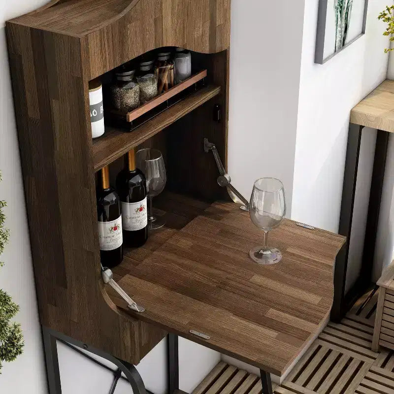 Mini-bar industriel à 1 tiroir avec étagères, en hickory clair, rangement pour 20 bouteilles de vin