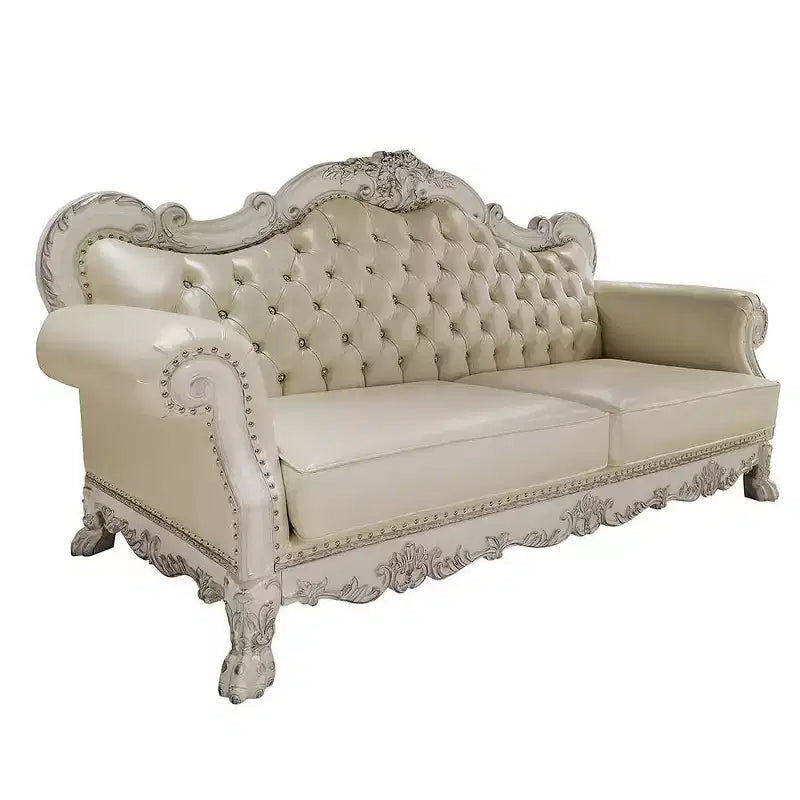 Canapé traditionnel capitonné de 85,5 po avec clous décoratifs, Blanc Os