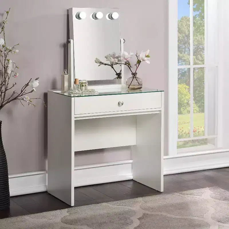 Coiffeuse avec miroir réglable, LED intégrées, 1 tiroir, Blanc lumineux