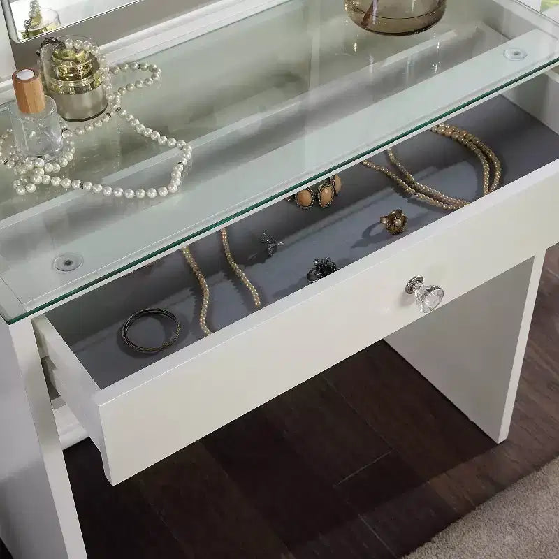 Coiffeuse avec miroir réglable, LED intégrées, 1 tiroir, Blanc lumineux
