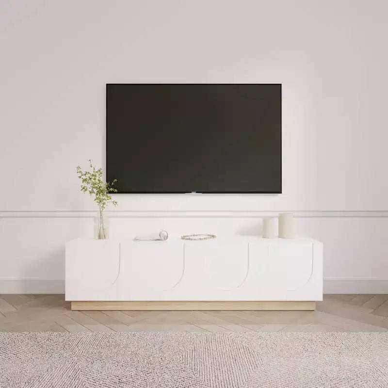 Meuble TV moderne pour téléviseurs jusqu'à 80", blanc, avec étagères réglables et passe-câbles