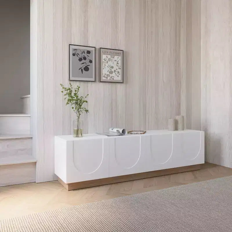Meuble TV moderne pour téléviseurs jusqu'à 80", blanc, avec étagères réglables et passe-câbles