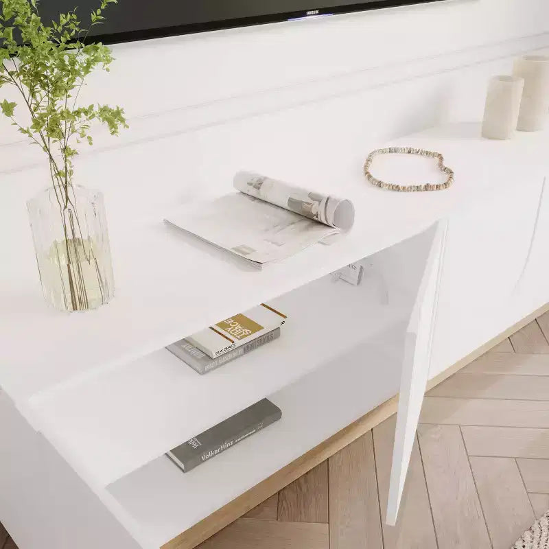 Meuble TV moderne pour téléviseurs jusqu'à 80", blanc, avec étagères réglables et passe-câbles