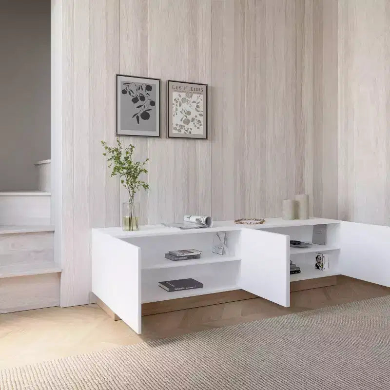 Meuble TV moderne pour téléviseurs jusqu'à 80", blanc, avec étagères réglables et passe-câbles