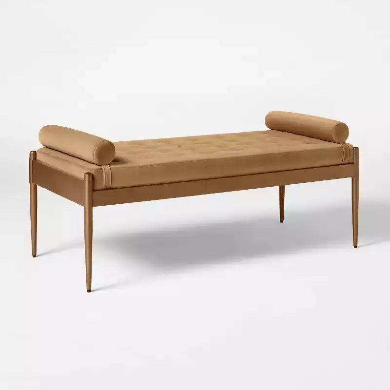 Banc capitonné Bolster, velours beige, pieds en acier thermolaqué, capacité de 102 kg