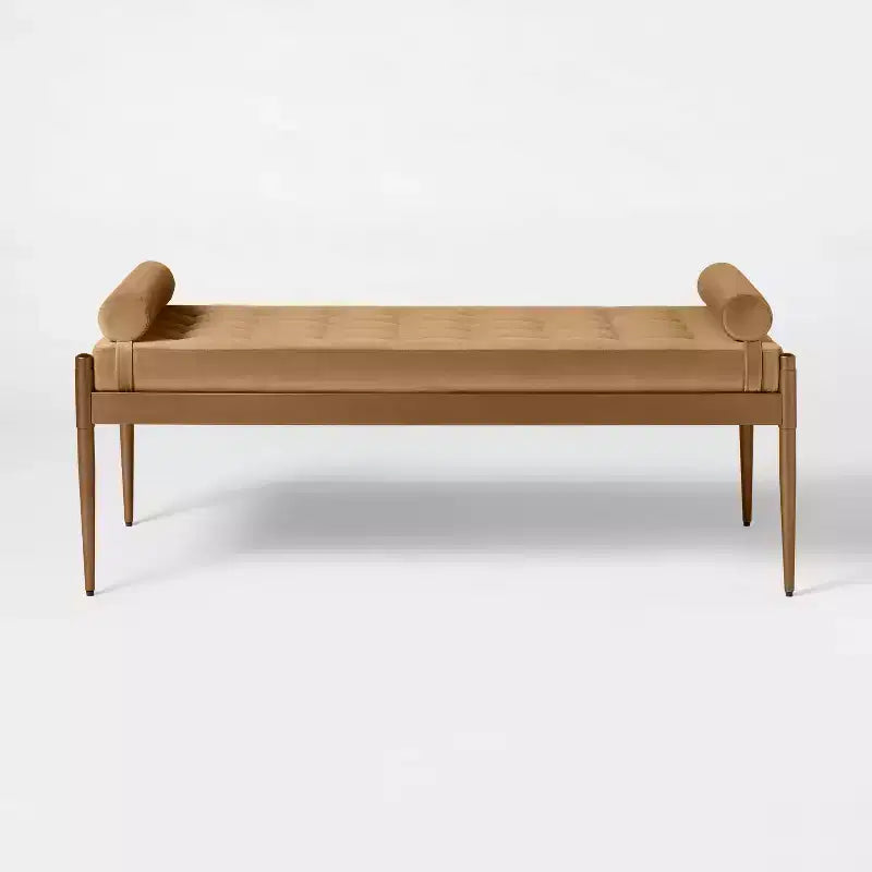 Banc capitonné Bolster, velours beige, pieds en acier thermolaqué, capacité de 102 kg
