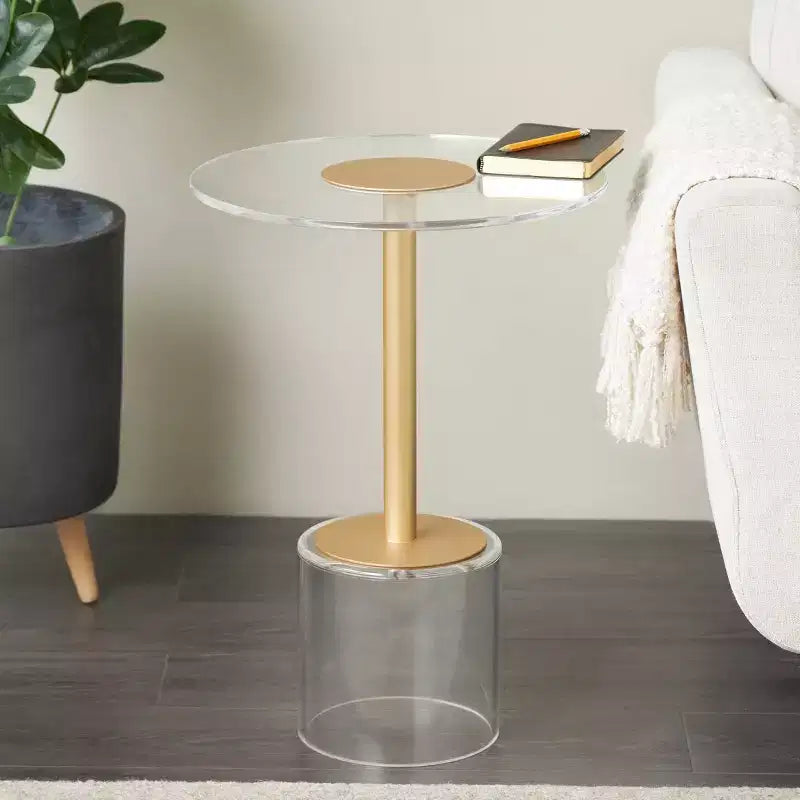Table d'appoint en acrylique avec pied doré, 23 po de hauteur, style moderne