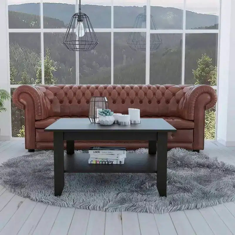 Table basse moderne minimaliste, noire, 80x70 cm avec étagère inférieure