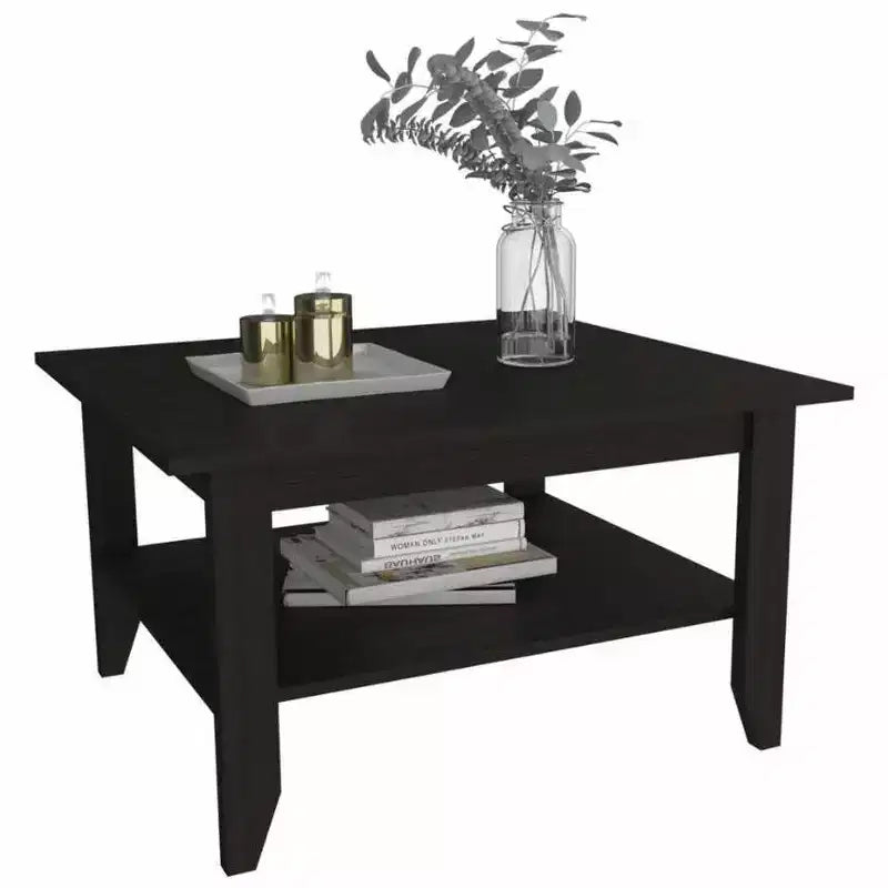 Table basse moderne minimaliste, noire, 80x70 cm avec étagère inférieure