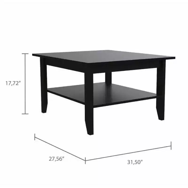 Table basse moderne minimaliste, noire, 80x70 cm avec étagère inférieure